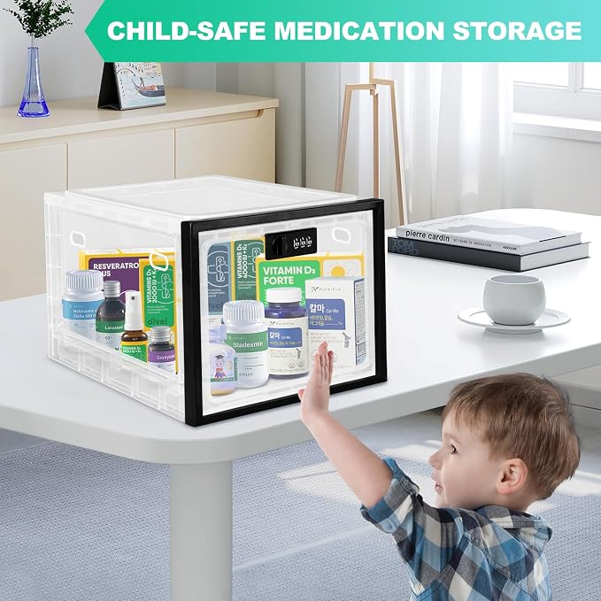 Medication Lock Box with Code, 12.6L Large Lockable Storage Box for Medicine, Snacks, Phone, and Electronics - BPA-Free, Clear Design with Charger Holes for Home, Office, Dorm, and Fridge