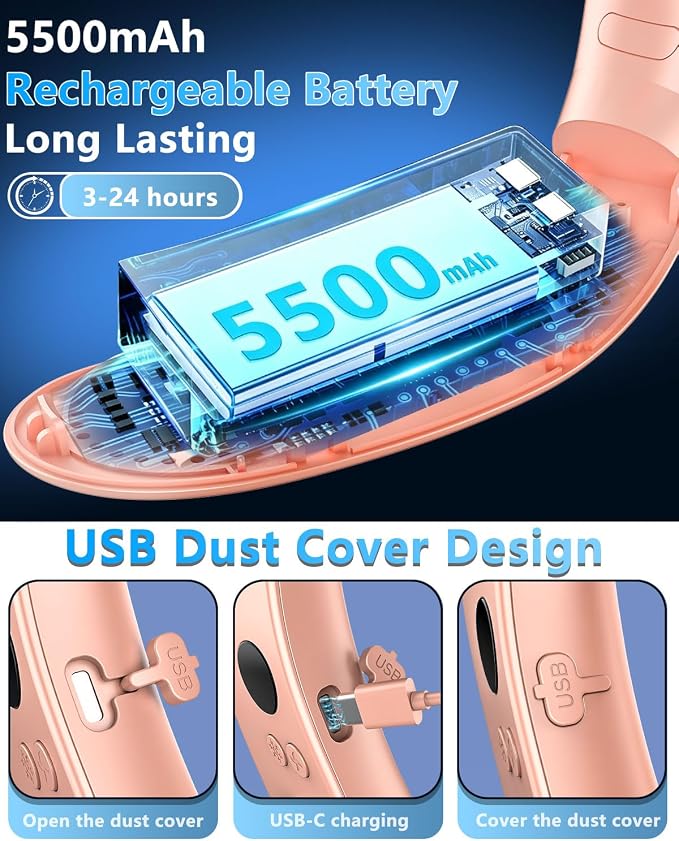 Neck Fan with Cooling Plate-24H Quiet Powerful Fans that Blow 5 Speed&Power LED Display-USB 5500mAh Bladeless Wearable Personal AC Cooler