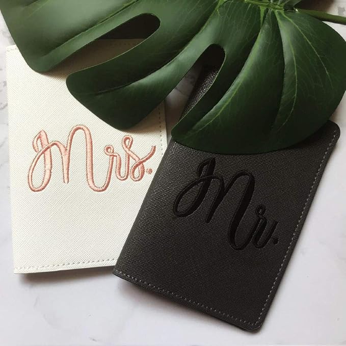 Mr and mrs passport covers and luggage tags gift set，Honeymoon embroidery Travel Luggage Tags Passport Cover for Wedding Bridal Shower Gift