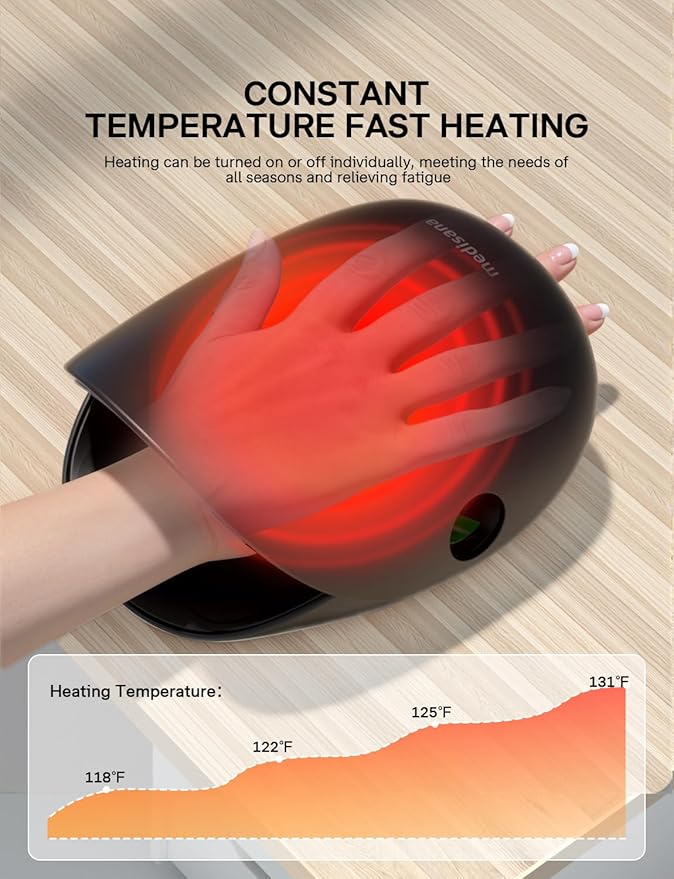 Medisana Hand Massager with Heat and Compression, Cordless Hand Massager for Arthritis and Carpal Tunnel Relief, Knuckle Stretching Massage, Birthday Christmas Gifts for Men Women Dad Mom-Black