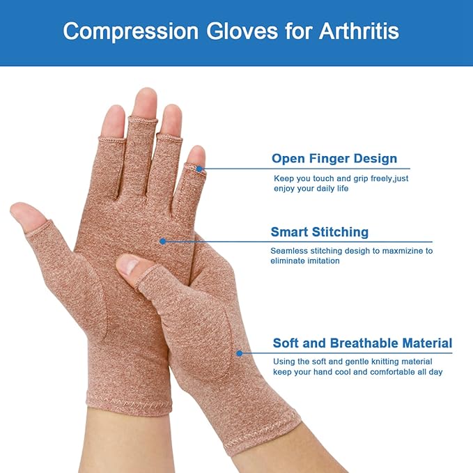 2-Pair Arthritis Compression Gloves for Alleviate Rheumatoid Osteoarthritis, Carpal Tunnel Raynauds Disease, Fingerless Design Breathable & Moisture, Women and Men (Coffee, Small)