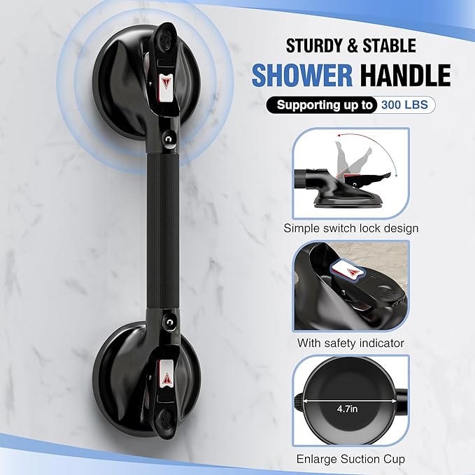 DAILYLIFE Grab Bars for Bathtubs and Showers, 17 inch Shower Handles for Elderly Suction, 300lbs Safety Shower Grab bar for Seniors and Elderly, Black (1 Pack)
