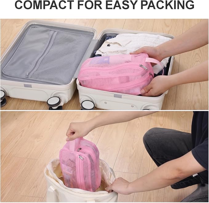 Mesh Shower Caddy Portable with Zipper - Toiletry Shower Bag for travel Gym | 2 Pockets, Quick-Dry Mesh, S-Hook, Small Hanging Shower Caddy for Toiletry Essentials, Bathroom & Camping, Pink