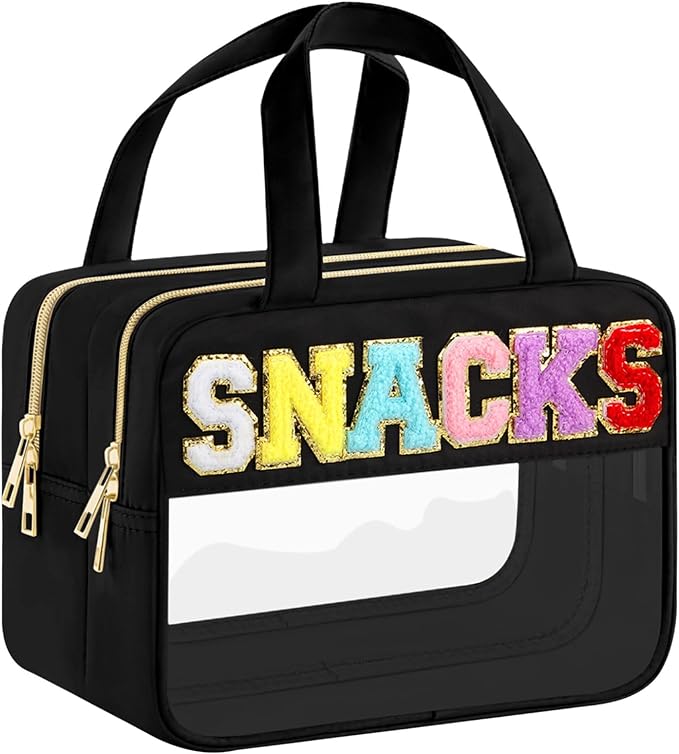 BuyCard Chenille Letter Clear Makeup Bags, Snacks Bag for Travel, Preppy Patch Nylon Cosmetic Bag with Handles and Zipper, Waterproof Large Clear Travel Toiletry Bag Storage Bag for Women Black