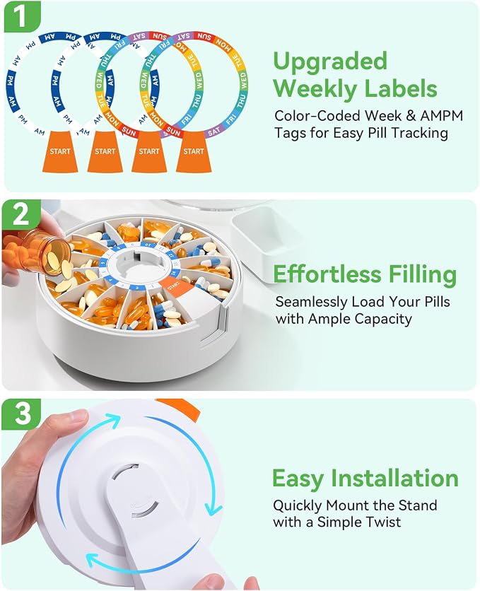 Daviky Daily Pill Dispenser, Large Capacity 14-Day Pill Organizer Box | Push Button Dispensing, Easy Open, Wall-Mounted or Standing, 14 Compartments, Senior-Friendly, for Medication & Vitamins