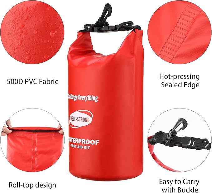 WELL-STRONG Emergency First Aid Kit for Boating & Marine Safety Waterproof Medical Supplies with Roll Top Design for Fishing, Kayaking Red