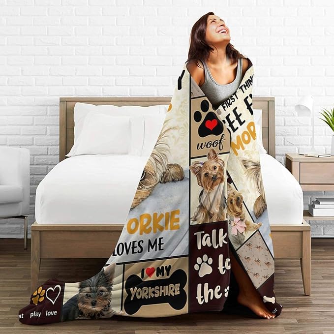 Funny Dog Blanket Soft Cute Kawaii Yorkshire Terrier Dog Plush Throw Blanket Cozy Lightweight Flannel Stuff Decor Fleece Blanket Gifts for Lovers Girls Boys Kids Adults Women Bed Travel 50"x60"