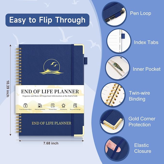 End of Life Planner, Estate Planning Organizer with Tabs for Senior, Spiral Funeral Planning Book with Large Font, Gold Corner Guards & Inner Pocket for Will Preparation, 7.36" x 10.4", Blue