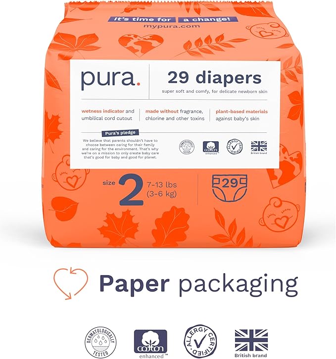 Pura Hypoallergenic Diapers, Size 2 (7-13 lbs) Totally Chlorine Free, Wetness Indicator, Suitable for Sensitive Skin, Soft Organic Cotton, Overnight, 3 Packs of 29 (87 Baby Diapers)