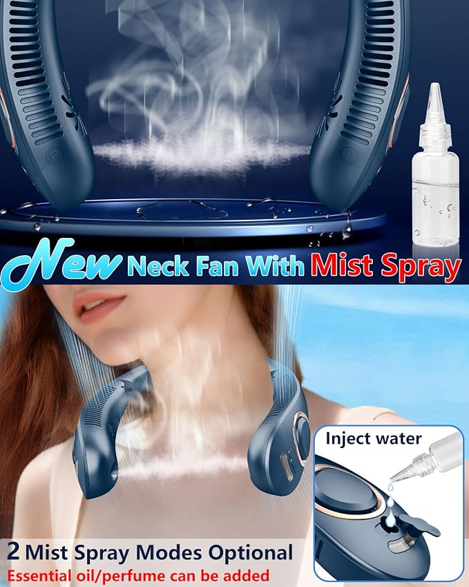 Personal Neck Fans Mister with Water Spray, 4000mAh 4-9H Lasting, Mini Foldable Leafless AC for Neck Face Shoulder, LED Cordless Hanging Wearable Headphone Fan for Kid Adult Worker Hot Weather, Blue