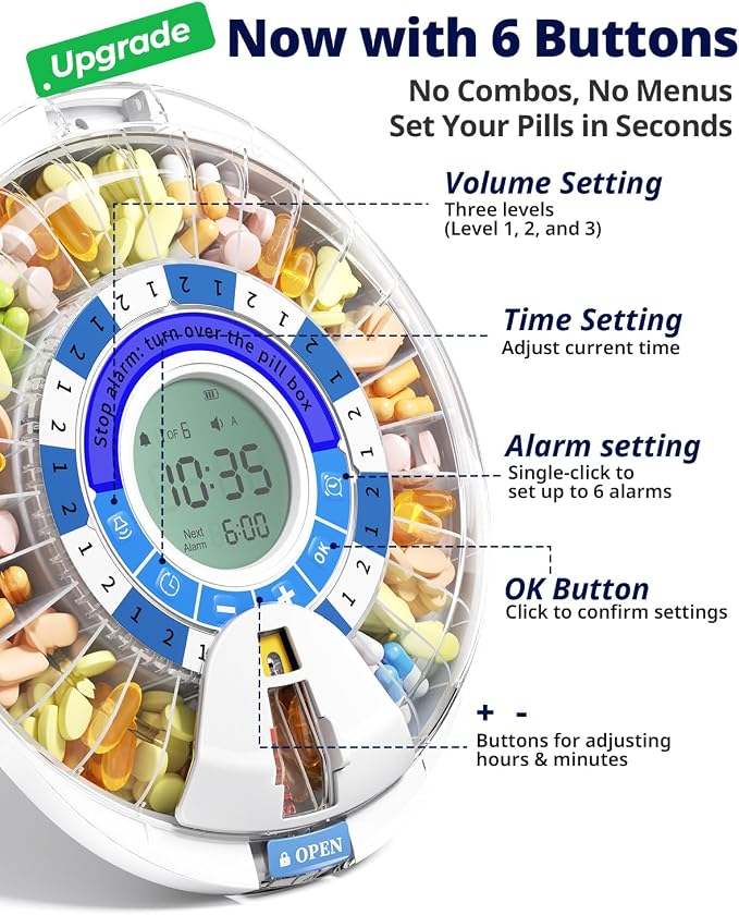 Betife 2nd Gen Automatic Pill Dispenser for Elderly with Alarm | 28 Slots, Key Locked, Alarm & Light Reminder, Mix-Proof, XL Display, 6 Dosage Rings，Easy Setup