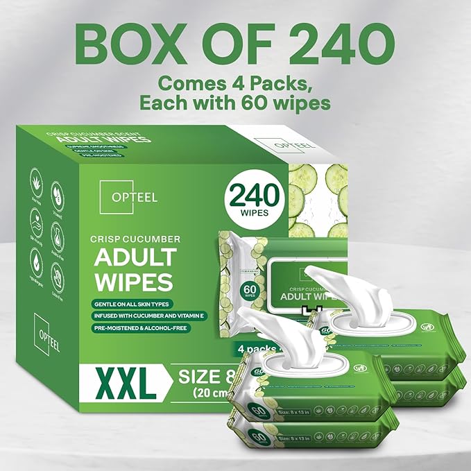 Adult Wipes Extra Large Scented - Skin-Friendly Incontinence Wet Wipes for Adults & Elderly Disposable Washcloths - 8x13" 4 Packs of 60 (240 Wipes)
