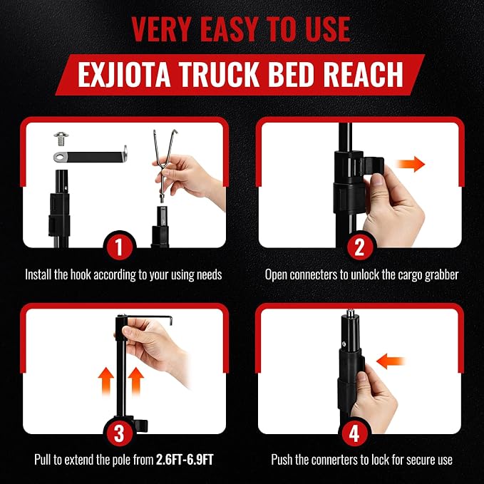 6.9 Ft Magnetically Mounted Truck Cargo Grabber Reach Tool, Lastest Telescoping Truck Bed Retriever Tool Magnetic, Multi-Use Pickup Truck Bed Accessories Truck Bed Reach Pole(2 Hooks 1 Mounted Plate)