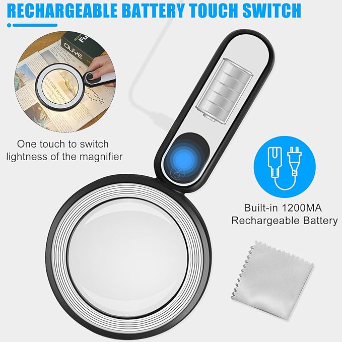 Rechargeable Magnifying Glass with Light, 30X 4.7IN Handheld Large Lightweight Lighted Magnify Len 21 LED 3 Modes Illuminated Book Magnifier forSenior,Reading,Inspection,Coin,JewelryChristmasGift