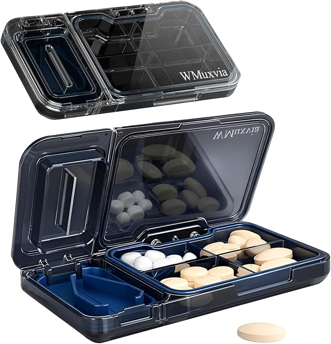 Pill Organizer with Pill Splitter Cutter, 4 Compartments Small Portable Medicine Case for Purse Pocket, Pill Vitamin Dispenser Holder, (Gray)