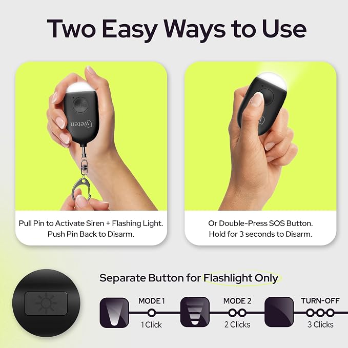 Weten Rechargeable Personal Alarm Keychain - 130dB Siren & LED Light - Stylish Personal Safety Alert for Women to Carry - Panic Button Alarm for Security - Rape Whistle for Self Defense (Black)