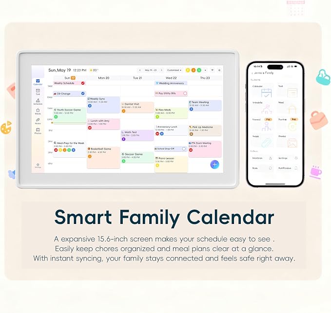 15.6 Inch Digital Family Calendar Organizer, Wall-Mountable and Tabletop Design, Smart Schedule Planner with Photo Frame Function, Grey