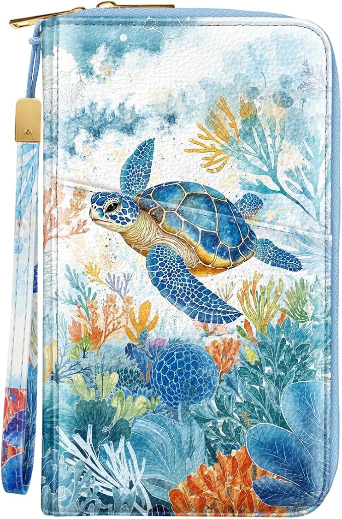 Family Passport Holder Wallet RFID Blocking Document Organizer | PU Leather Mulit-purpose Travel Wallet Credit Cards Case for Women Men, Sea Turtle
