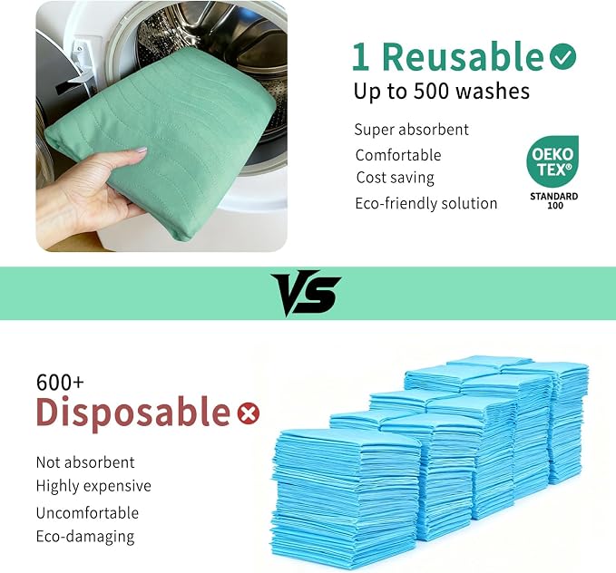 Accompagner Incontinence Bed Pads Washable Waterproof, Ultra-Absorbent Reusable Underpads for Diaper Changing, Nursing, Bedridden, Adults, Seniors, Kids and Dogs (Green, 24"x24"(Pack of 4))