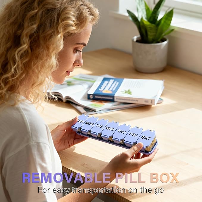 Extra Large Weekly Pill Organizer 7 Day - Portable Daily Pill Box with 7 Detachable Compartments, Vitamin Holder and Medicine Organizer for Supplements, Home and Travel, Purple