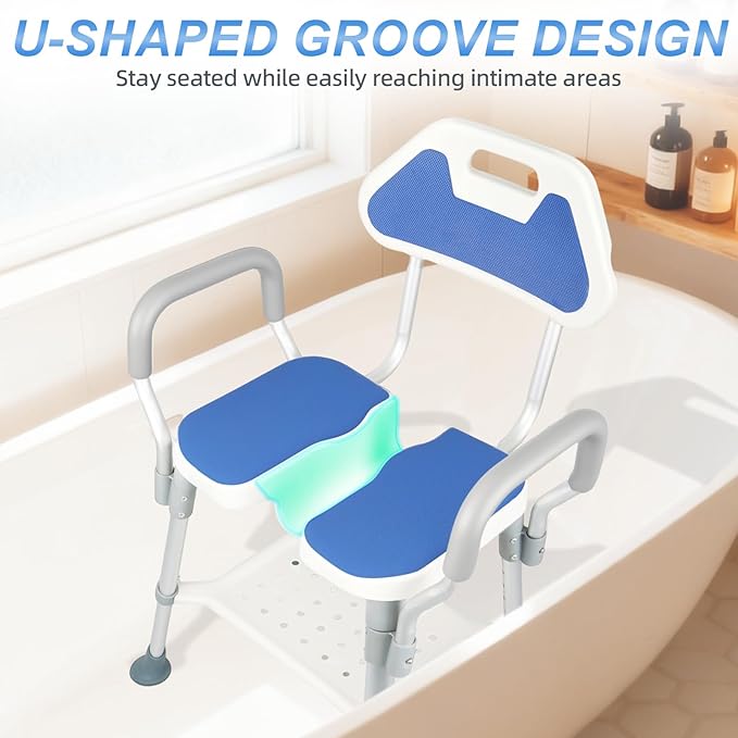 Shower Chair for Inside Shower, U-Shaped Heavy Duty Shower Chair for Elderly and Disabled, Bottom Storage Tray, 350Lbs Shower Stool with Arms and Back, Height Adjustable Seat for Bathtub