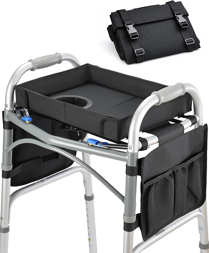 Walker Tray for Folding Walker, Side Pockets & Cup Holder | Fits 17–19" Folding Walkers with Side Bars, Easy Install, Adjustable Straps, Spill-Resistant Surface, Lightweight for Seniors