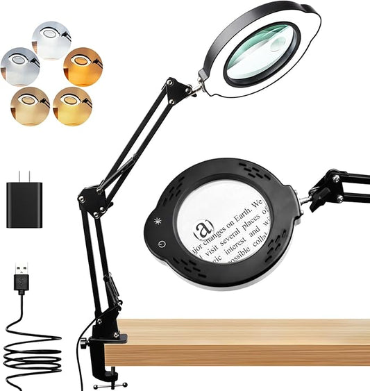 10X 30X Magnifying Glass with Light, Desktop LED Magnifying Lamp with Clamp, 5 Color Modes, 10 Dimmable Levels, Magnifier with Light Hands Free, Reading Crafts Jewelry Sewing