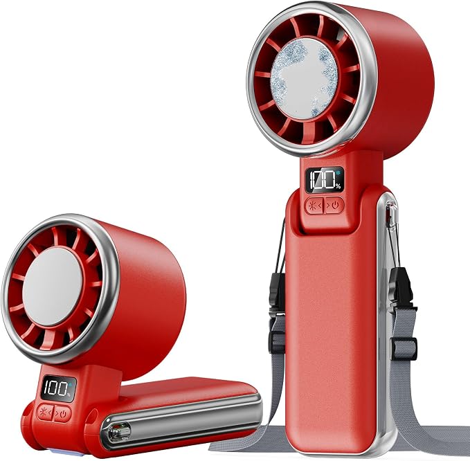 SHEWIND Portable Handheld Fan with Ice Cooling - 5 Gear High Speed Turbo Personal Fan Rechargeable, Up to 13 Hrs, Mini Hand Fans for Travel Essentials, Beach Vacation, Gifts for Women, Men (Red)