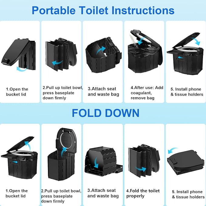 Portable Toilet for Adults, Foldable Camping Toilet Travel Floding Potty with Lid & Paper Holder, Upgrade Water Barrier,Compact Lightweight Design for Car/RV/Hiking/Beach/Camping,450lbs Capacity