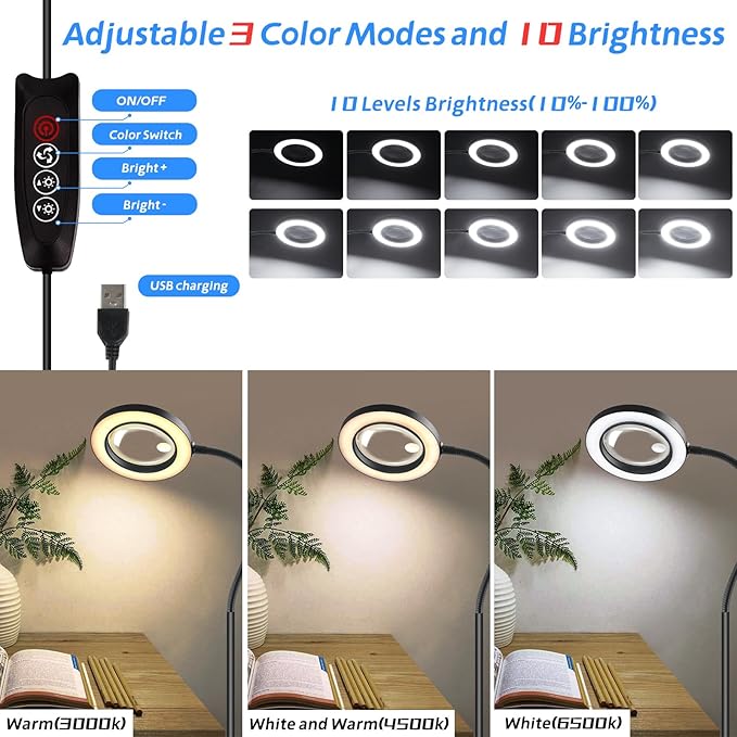 10X 30X Floor Magnifying Glass with Light and Stand, 72 LED Floor Magnifying Lamp, 3 Color Modes 10 Stepless Dimmable Floor Magnifiers for Reading, Sewing, Crafts, Painting, DIY, Close Work Black