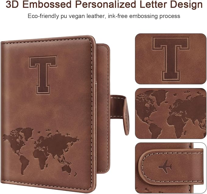 Passport Holder Wallet Cover Personalized Initial Travel Essentials | Embossed Letter A-Z Design, Travel Wallets, RFID Blocking, Passport Book Holders, Women Men, Personalized Gifts, Brown-T