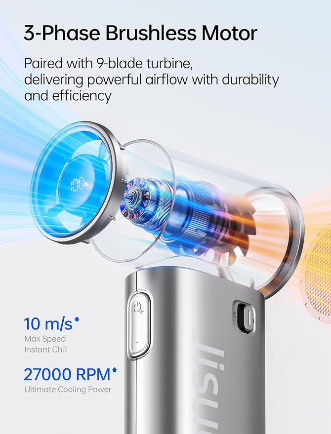 JISULIFE Handheld Fan Life9S - Sleek Chrome: Turbo Power, 22 Hours Cooling | LED Display, 5000mAh, 5-Speeds, Mini Portable Fan for Travel, Cruise, Concerts, Trendy Gifts for Women Men -Silver