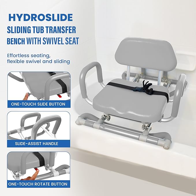 Platinum Health HydroSlide Sliding Shower Chair Swivel Seat for Bathtub, Soft, Padded with Industry-Exclusive, Patented Gap-Bridge Safety Feature. Padded Armrests. Ideal for Elderly and Seniors