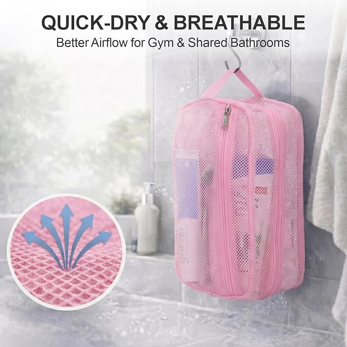 Mesh Shower Caddy Portable with Zipper - Toiletry Shower Bag for travel Gym | 2 Pockets, Quick-Dry Mesh, S-Hook, Small Hanging Shower Caddy for Toiletry Essentials, Bathroom & Camping, Pink