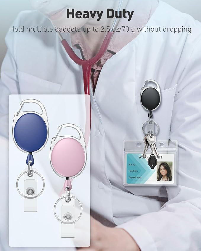 Uniclife 3 Pack Retractable Badge Reel for Badge Holder Pink Blue Black Heavy Duty Retractable Keychain ABS Casing with Stainless Steel Spring Coil 24 Inch Nylon Rope Carabiner Clip and Key Ring