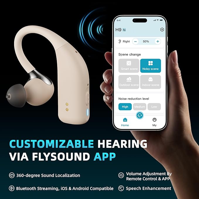 FLYSOUND Nature Pro OTC Hearing Aids with Bluetooth & Auracast for Seniors & Adults | 80% Improved Speech Recognition & Tinnitus Masking via App | Up to 60dB Gain & AI Noise Reduction | Fashion Nude