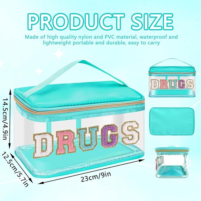 Clear Patch Letter Bag Medicine Drugs Pouch with Handle, Travel Chenille Letter Makeup Cosmetic Bag for Women Girls, Waterproof Nylon PVC Zipper Toiletry Meds Storage Case Stadium Bag(Green, DRUGS)