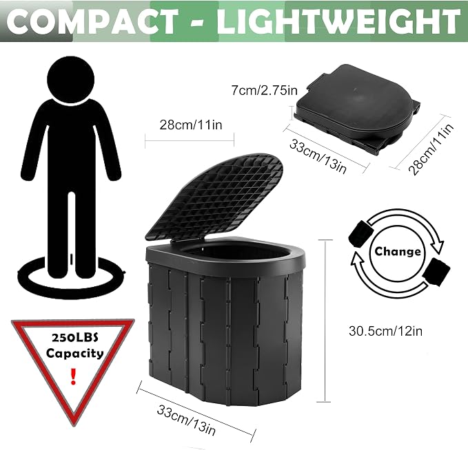 KINSPORY Camping Toilet, Portable Toilet for Adults & Kids, Foldable Potty & Outdoor Emergency Sanitation Products, Trash Can, Stool for Car Truck Camping Travel Hiking Fishing Long Trips (Deep Black)