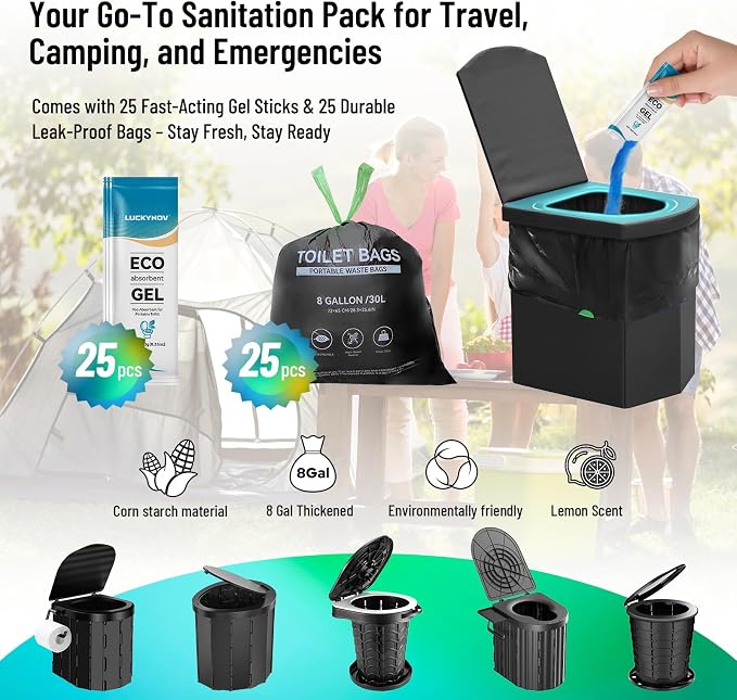25 Portable Toilet Bags with 25 Poo Gels, 8 Gallon Leak-Proof Camping Toilet Waste Bags – Absorbent Gel Value Pack for Portable Potty, RV, Hiking, Travel, Outdoor Use