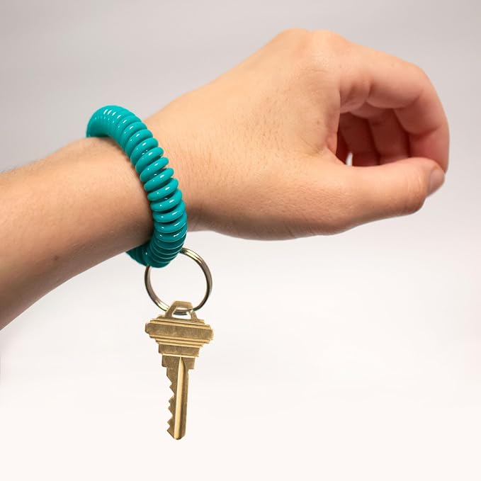 Lucky Line 2” Diameter Spiral Wrist Coil with Steel Key Ring, Flexible Wrist Band Key Chain Bracelet, Stretches to 12”, Teal, 5 Pack (4103805)