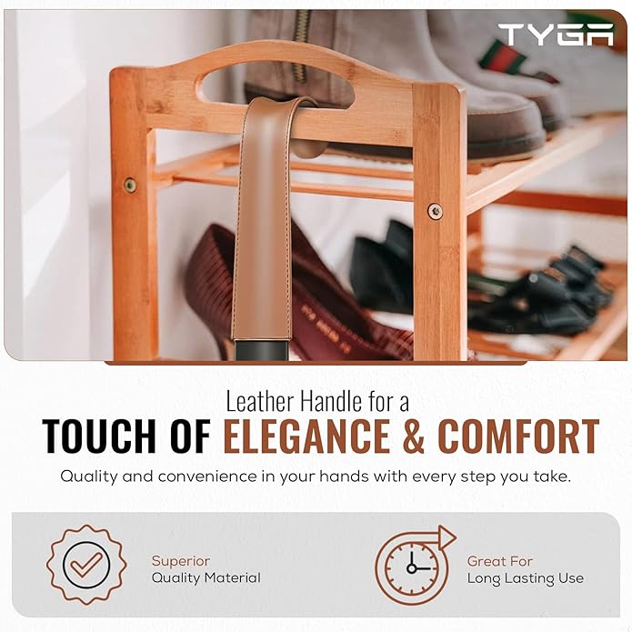 Metal Shoe Horn with Handle 42cm Long Shoe Horn with Leather Strap for Men Women Kids