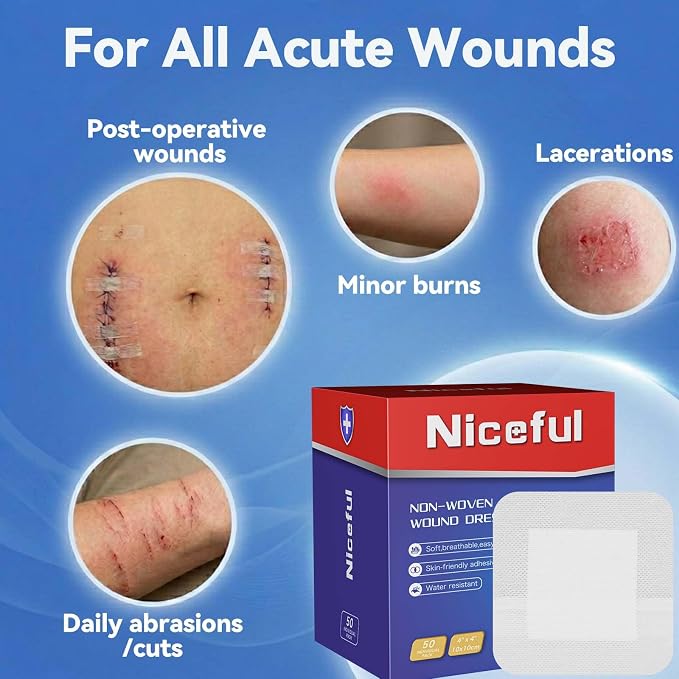 Niceful 50 Count Adhesive Gauze Island Dressing 4" x 4", Water-Resistant Wound Dressing Bandages, Sterile & Absorbent Medical Grade Adhesive Pads, First Aid Pads FSA Eligible