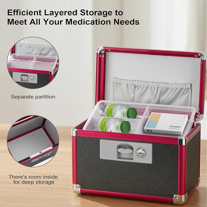 Medicine Lock Box with Key Lock - 12" Hard Case First Aid Safe Medication Storage with Removable Tray & Pockets for Pills, Home, Car & Outdoor - Black Red [with Strap]