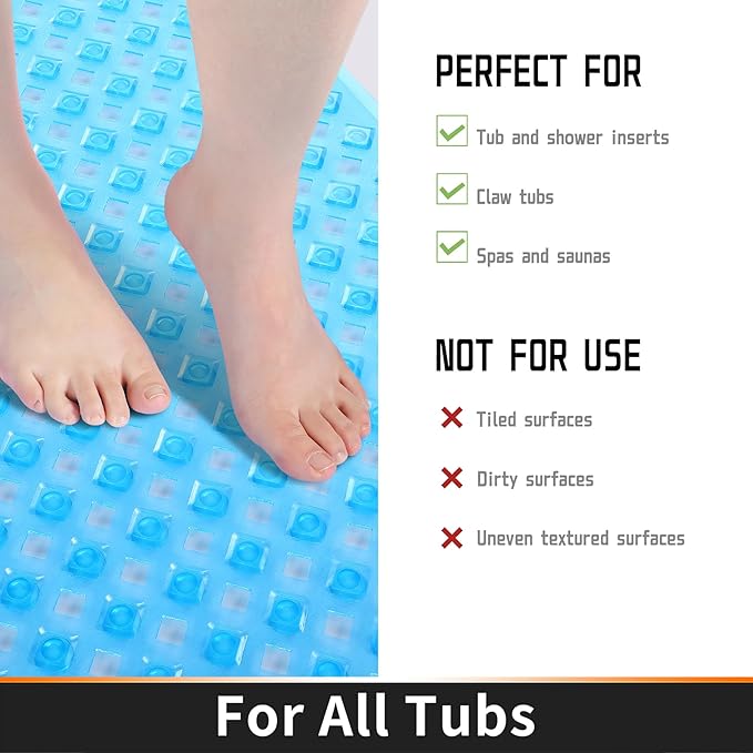 Yimobra Bathtub Mat Non Slip, Super Strong Suction Cups, 27.5"x15.5" Long Shower Mat with Drain Holes, Machine Washable Fast Draining Bath Mats, Bathroom Essentials,Clear Blue
