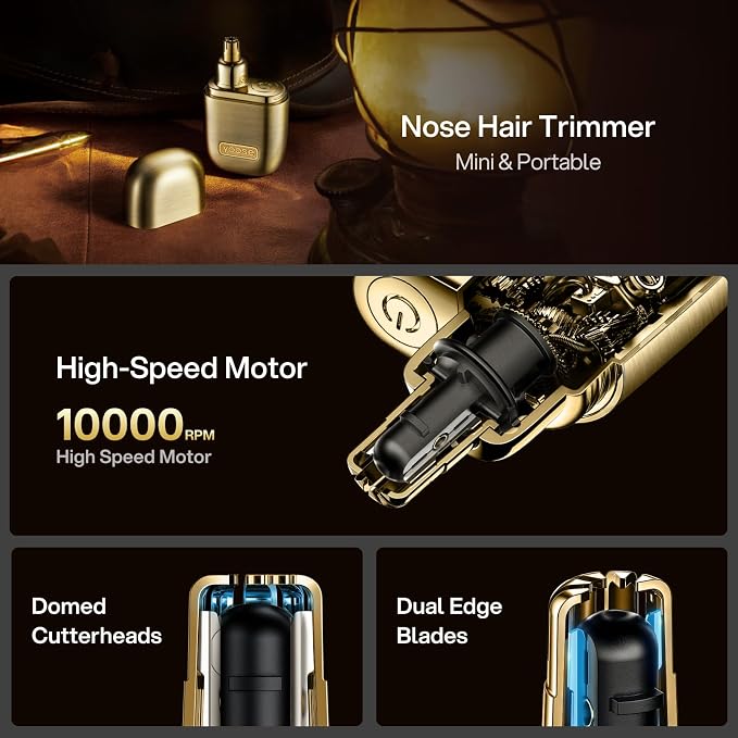 yoose Nose Hair Trimmer, Alloy Rechargeable Nose Hair Trimmer for Men Women, IPX7 Waterproof, Detachable Head, Easy to Clean, Portable Travel Size Nose Trimmers, Dual Edged Blades, Painless, Gold