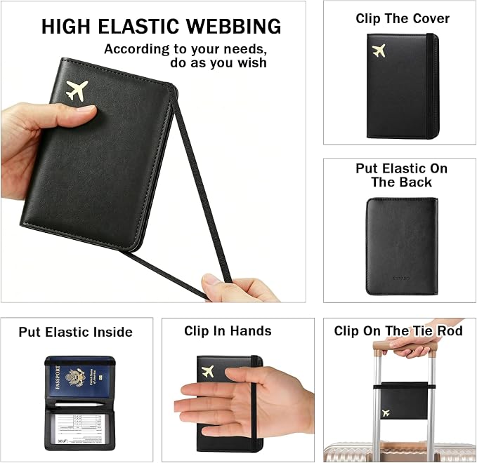 RFID Blocking Passport Holder for Travel – PU Leather Waterproof Lightweight Passport Cover Wallet for Women Men, Travel Organizer with Card Slots for Airline Tickets & Passport Book (Black)
