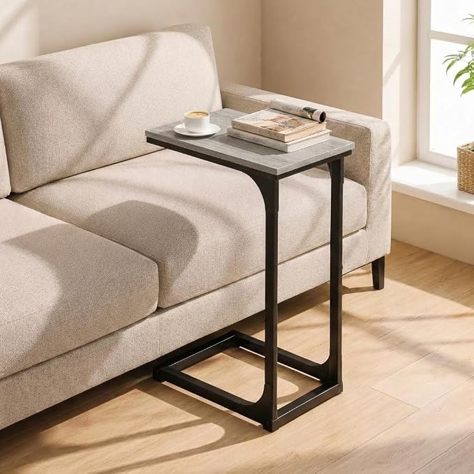 TEMI C Shaped End Table for Couch - Small Side Table and TV Tray for Eating or Laptop, Accent Desk for Chair or Sofa, Easy Assembly, Space-Saving Design for Living Room or Bedroom,Greige
