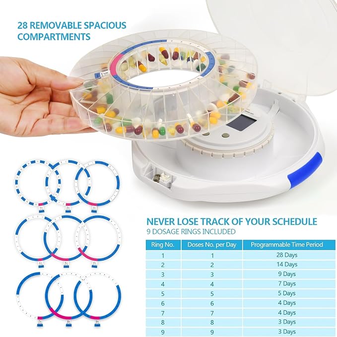 Bluetooth Automatic Pill Dispenser with Safety Lock for Seniors | App/Audio/Visual Alerts, Tracks Adherence History, Up to 9 Alarm/Day, 28-Day Medication Organizer for Dementia & Chronic Care