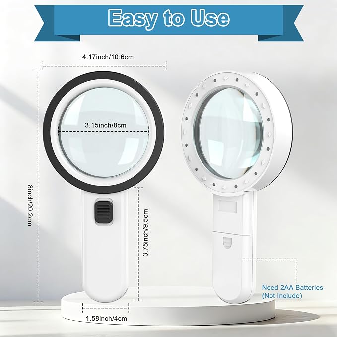 Nazano Magnifying Glass with 12 LED Lights for Senior Reading, 10X | Ultra-clear Handheld Reading Magnifier for Seniors, Macular Degeneration, Close Work, Coins & Pill Bottles