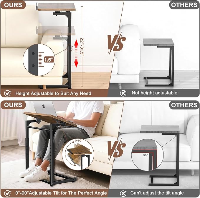 IHAITUN Tv Tray Table, Adjustable Height Couch Narrow Side Table,90° Tilt Angle Foldable End Table, Laptop Table with Phone & Tablet Slot Dinner Tray Desk for Living Room Table Sets (Brown)